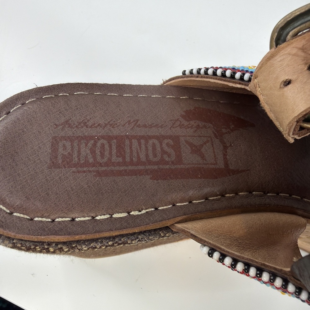Pikolinos Womens 38 Brown Leather Beaded Wedge Sandals Boho Made in Spain - Picture 10 of 16